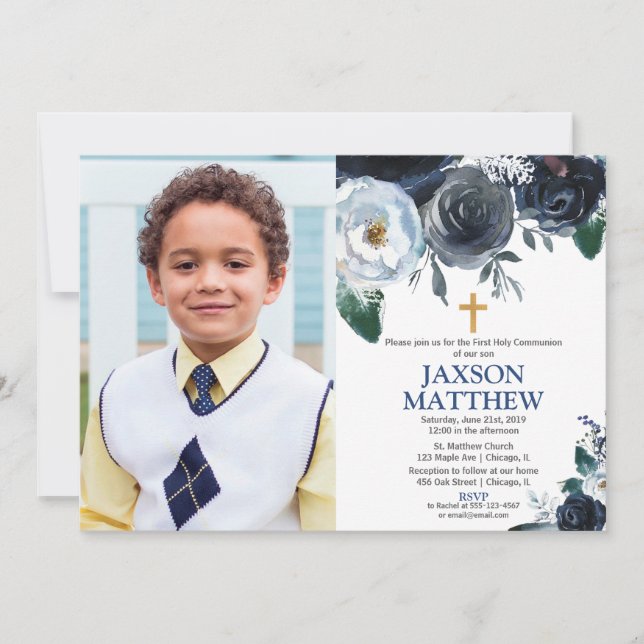 Invitation Garçon Première Sainte Communion bleu photo floral (Devant)