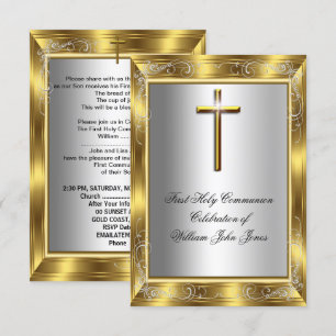 Invitation Garçon Première Sainte Communion Croix Argent Or 2