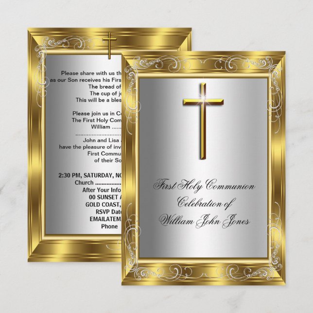 Invitation Garçon Première Sainte Communion Silver Gold Cross (Devant / Derrière)