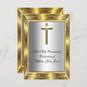 Invitation Garçon Première Sainte Communion Silver Gold Cross