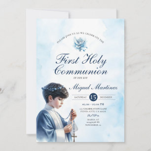 Invitation Garçon priant pour la 1ère communion bleue Croix a