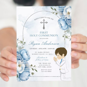 Invitation Garçon priant première communion Sainte Dusty bleu
