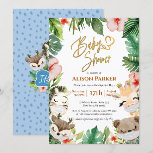Invitation Garçon Safari Animaux Jungle Vert Bébé Garçon Douc