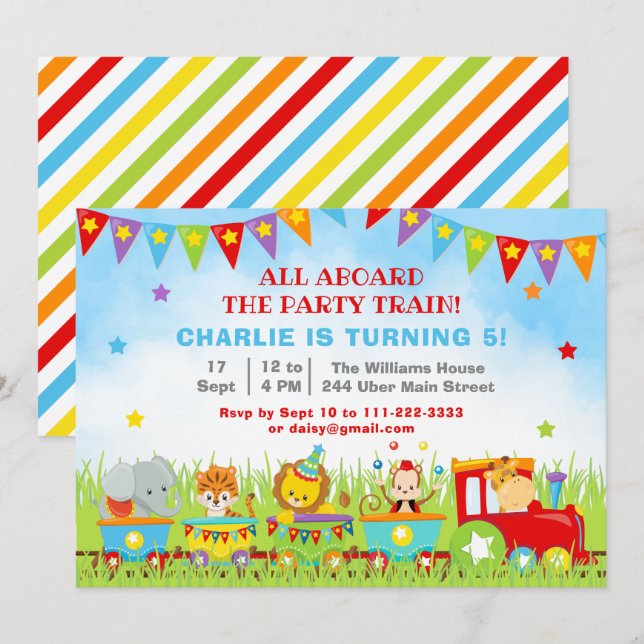 Invitation Garçon Safari Animaux Train de fête d'anniversaire (Devant / Derrière)