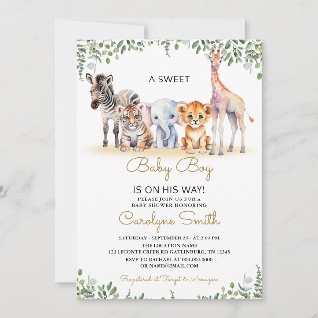 Invitation Garçon Safari Animaux Verdure Jungle Baby shower (Devant)