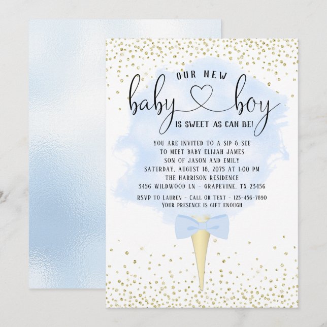 Invitation Garçon Sip et voir le Baby shower de bonbons en co (Devant / Derrière)