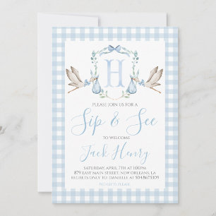 Invitation Garçon Stork Preppy En vichy Blue Sip & See