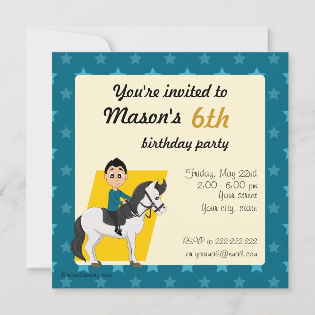 Invitation Garçon sur dessin de cheval anniversaire imprimer  (Devant)