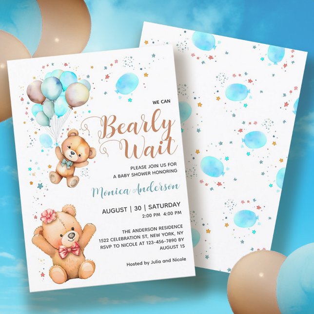 Invitation Garçon Teddy Ours Nous Pouvons Attendre Baby showe (Boy Teddy Bear We Can Bearly Wait Baby Shower Invitation)