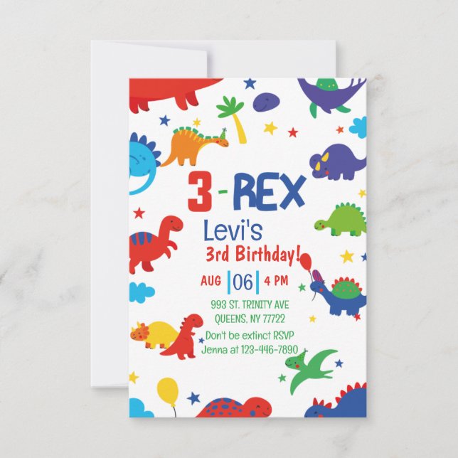 Invitation garçon Trois Rex 3e Dinosaure Anniversaire (Devant)