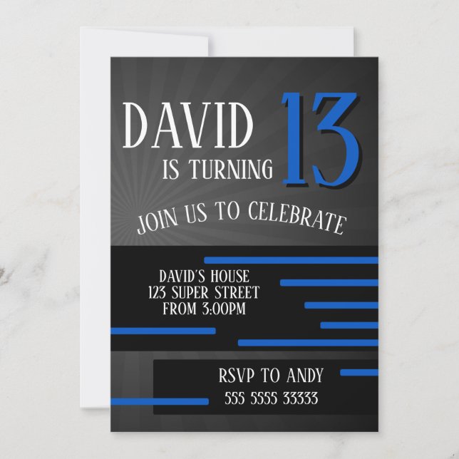 Invitation Garçon Tween Ado Anniversaire Moderne Simple Bleu (Devant)
