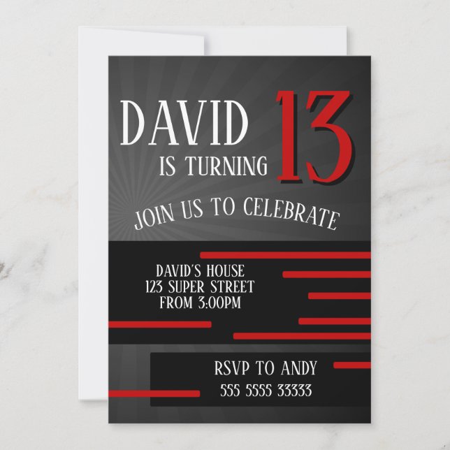 Invitation Garçon Tween Ado Anniversaire Moderne Simple Rouge (Devant)