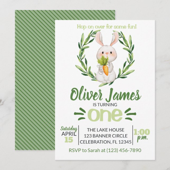 Invitation Garçon Vert Premier Anniversaire Pâques Aquarelle  (Devant / Derrière)