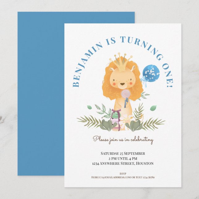 Invitation Garçons 1er Anniversaire Party Cute Lion Safari (Devant / Derrière)