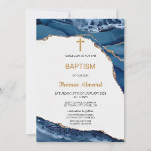 Invitation Garçons à l'aquarelle bleue Baptême Or
