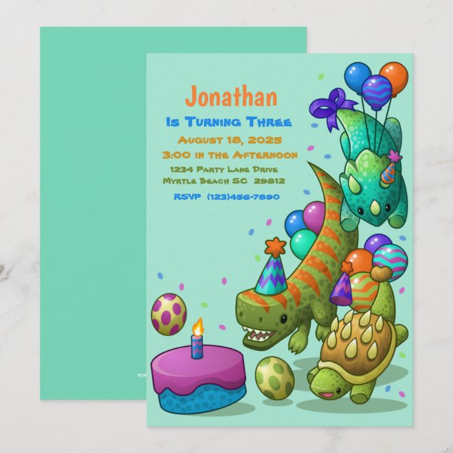 Invitation Garçons adorable Vert Dino Turtle fête d'anniversa (Devant / Derrière)