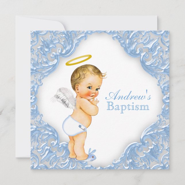 Invitation Garçons Angel Baptême Christening (Devant)