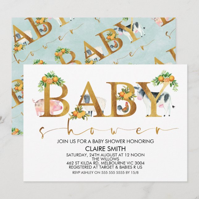 Invitation Garçons Animaux de ferme Mot Baby shower Invitatio (Devant / Derrière)