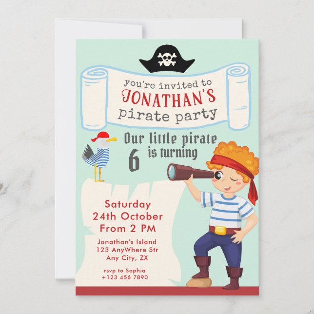 Invitation Garçons Anniversaire N'importe quel âge Fête Pirat (Devant)