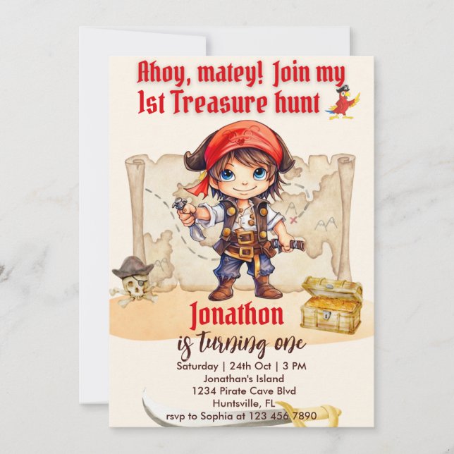Invitation Garçons Anniversaire Personnalisable Pirate Party (Devant)