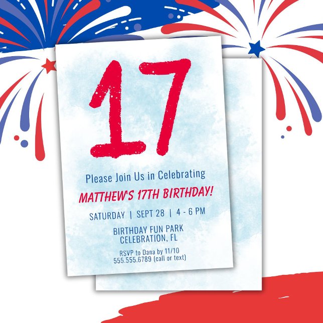 Invitation Garçons Aquarelle Enfants Bleu 17e anniversaire (Créateur téléchargé)