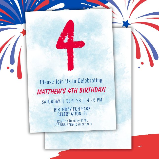 Invitation Garçons Aquarelle Enfants Bleu 4e anniversaire (Créateur téléchargé)