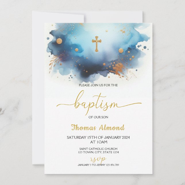 Invitation Garçons au baptême d'or aquarelle bleue (Devant)