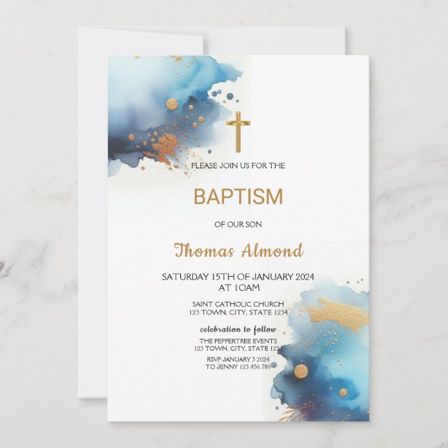 Invitation Garçons au baptême d'or aquarelle bleue (Devant)