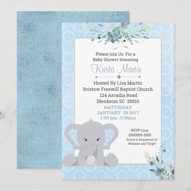 Invitation Garçons Baby shower Floral Eléphant mignon (Devant / Derrière)