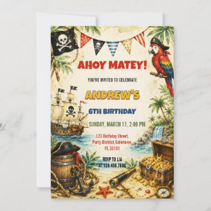 Invitation Garçons Bateau Pirate Anniversaire Aquarelle