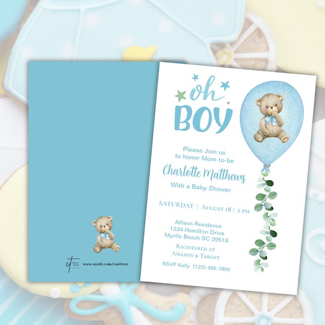 Invitation Garçons Bear Blue Balloon Eucalyptus Baby shower (Créateur téléchargé)