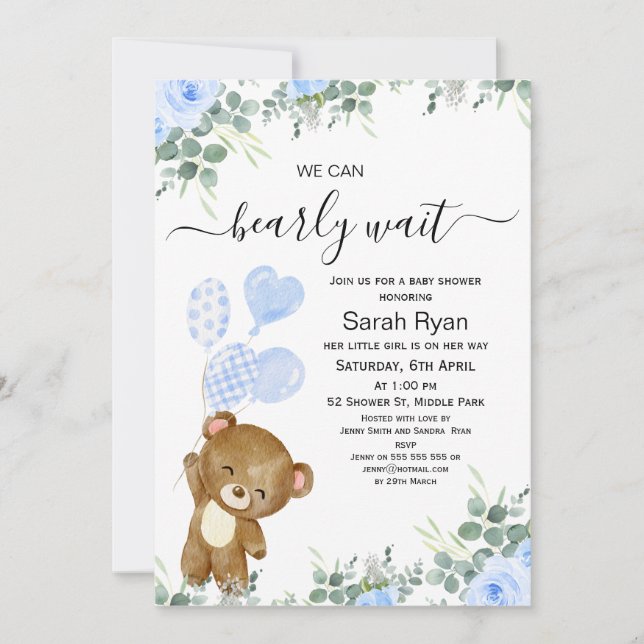 Invitation Garçons Bearly Wait Oear Baby shower des ballons d (Devant)