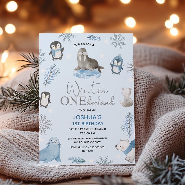Invitation Garçons Blue Arctic Winter Onederland 1er annivers (Blue Arctic Animals Winter Onederland 1st Birthday Invitation Template Boy, Winter Onederland Invite)