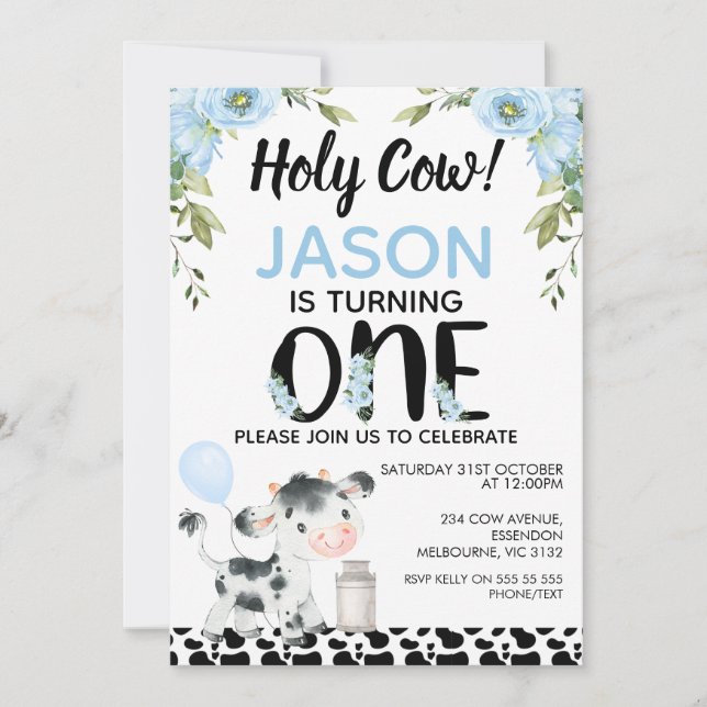 Invitation Garçons Blue Floral Holy Cow Vache Imprimer 1er an (Devant)