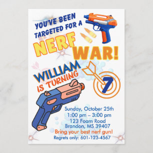 Invitation Garçons Blue Orange BD Party - Guerre de Nerf 7e A
