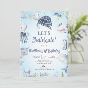 Invitation Garçons Blue Sea Turtle Lets Shellebrate 1er anniv