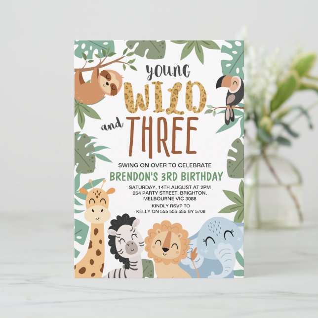 Invitation Garçons Brown Green Young Wild Trois 3e anniversai (Debout devant)