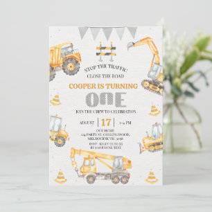 Invitation Garçons Bunting Jaune Construction 1er Anniversair