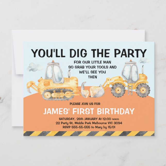 Invitation Garçons Excavateur Première fête d'anniversaire In (Devant)
