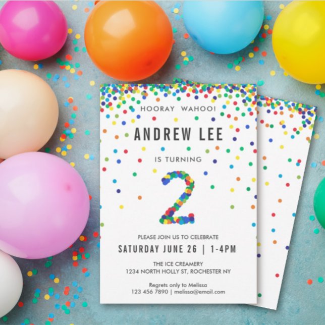 Invitation Garçons fête de 2e anniversaire, Confetti couleur  (Créateur téléchargé)