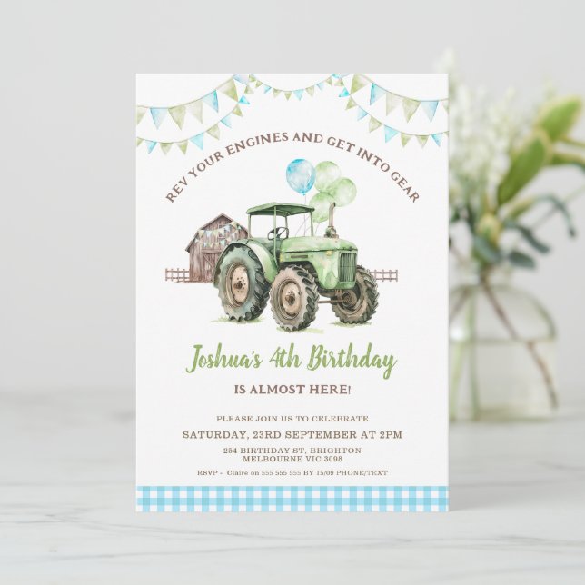 Invitation Garçons Green Blue Balloons Tracteur Anniversaire (Debout devant)