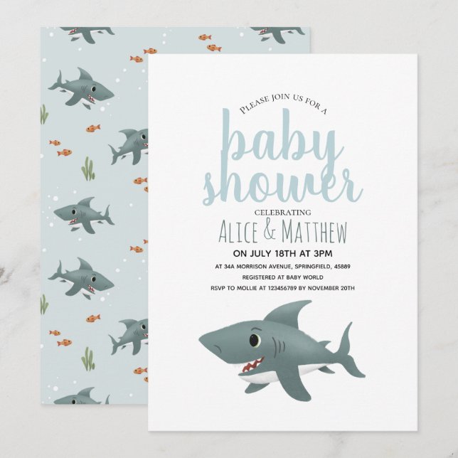 Invitation Garçons Joli Baby shower moderne Blue Ocean requin (Devant / Derrière)