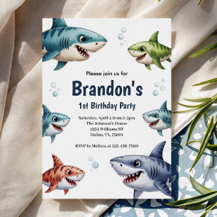 Invitation Garçons Mignons Aquarelle Requin Fête d'anniversai