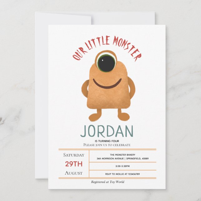 Invitation Garçons mignons Monster Enfants Quatrième annivers (Devant)