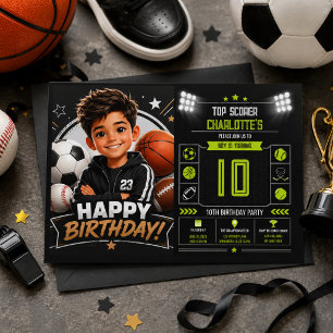 Invitation Garçons Moderne Noir Sports Enfants 10e Anniversai