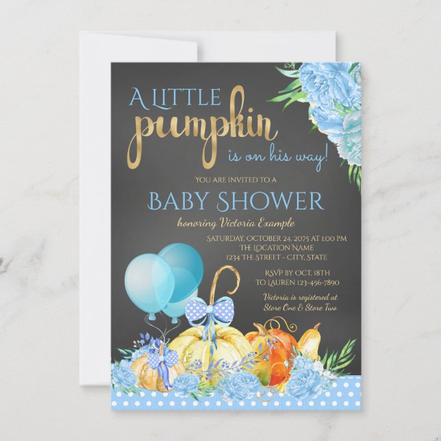 Invitation Garçons Petit Citrouille Chalkboard Baby shower d' (Devant)