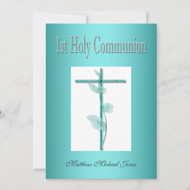 Invitation Garçons première communion sainte bleue (Devant)