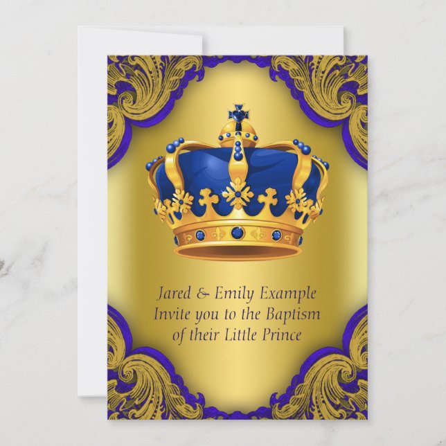 Invitation Garçons Prince Baptême Royal Bleu et or Couronne (Devant)