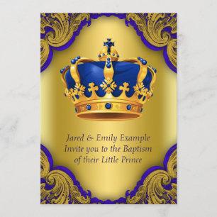 Invitation Garçons Prince Baptême Royal Bleu et or Couronne