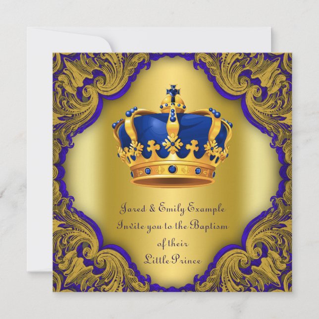 Invitation Garçons Prince Baptême Royal Bleu et or Couronne (Devant)